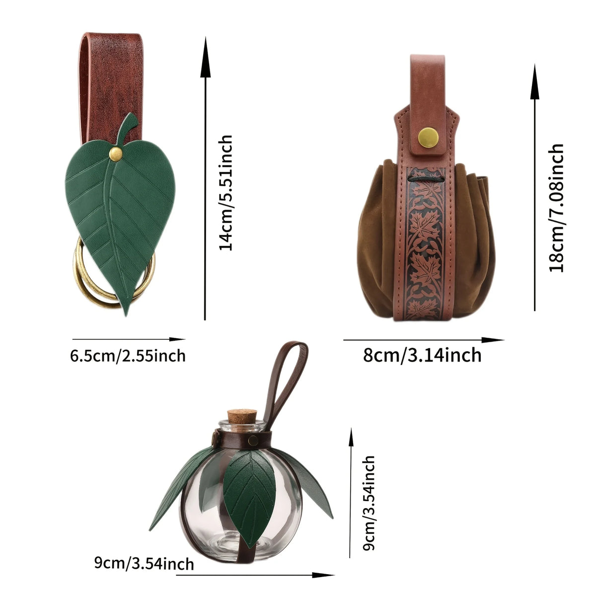 Medieval Waist Mount Accessory Set, Leaf Style Belt Hook, Waist Storage Sack, Glass Bottle Carrier, for LARP, Renaissance Cospla