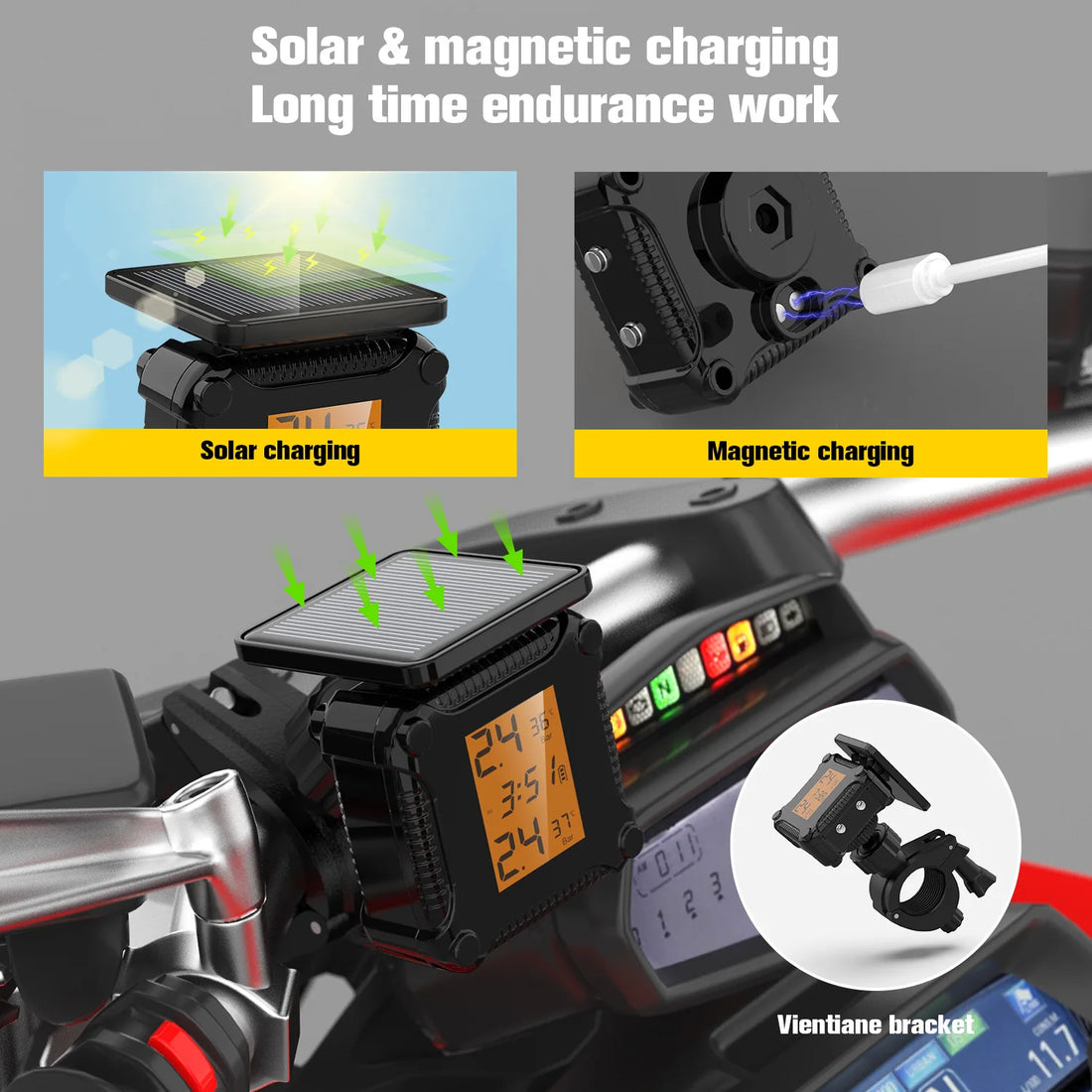 Tire Pressure Monitoring System Colorful Display Wireless TPMS Motorcycle Solar Charge Tyre Temperature Alarm Sensor Scooter