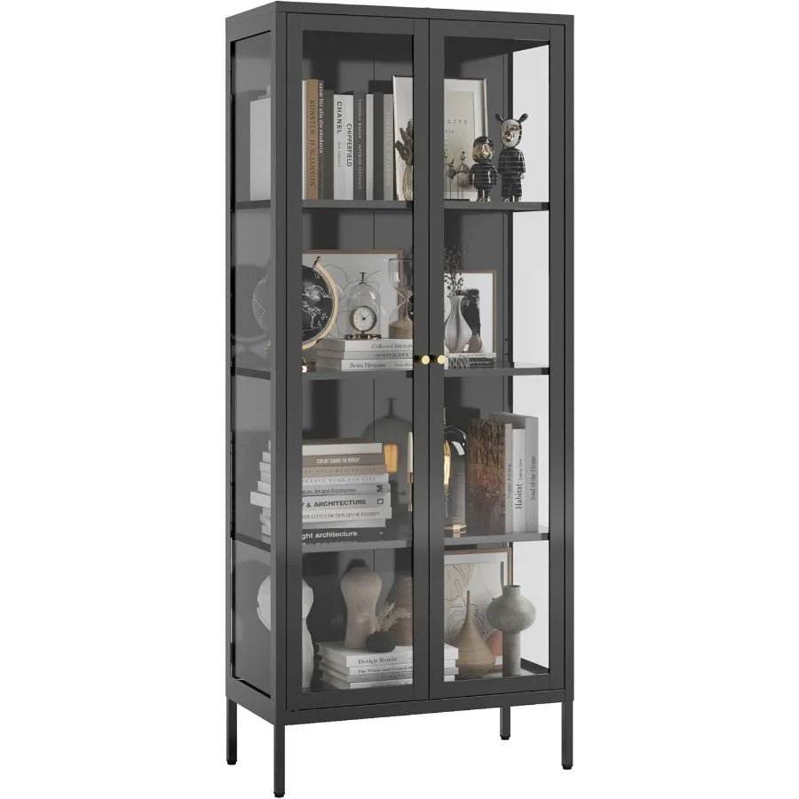 Glass Display Cabinet 4-Tier for Living Room, Tempered Glass Doors, Black Finish, Adjustable Shelves and LED Lighting