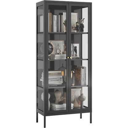 Glass Display Cabinet 4-Tier for Living Room, Tempered Glass Doors, Black Finish, Adjustable Shelves and LED Lighting