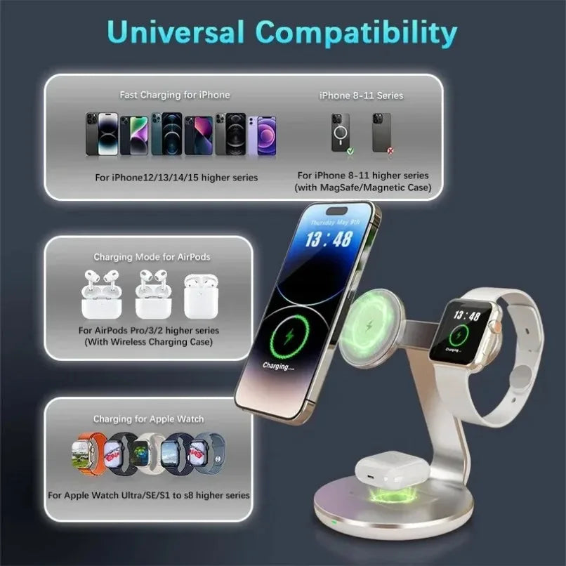 3 in 1 Wireless Charger Stand 360 Rotation 3 Charging Ports For iPhone  Apple Watch AirPods Fast Charging Dock Home Office Use