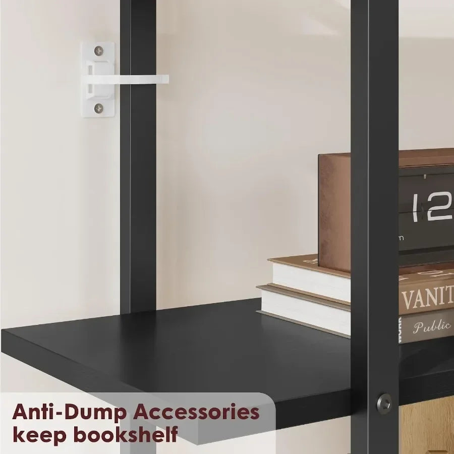 5-Tier Rattan Bookshelf with Storage Cabinet Door 71.1-Inch Tall Industrial Bookcase for Living Room Black Metal Frame Woven Ra