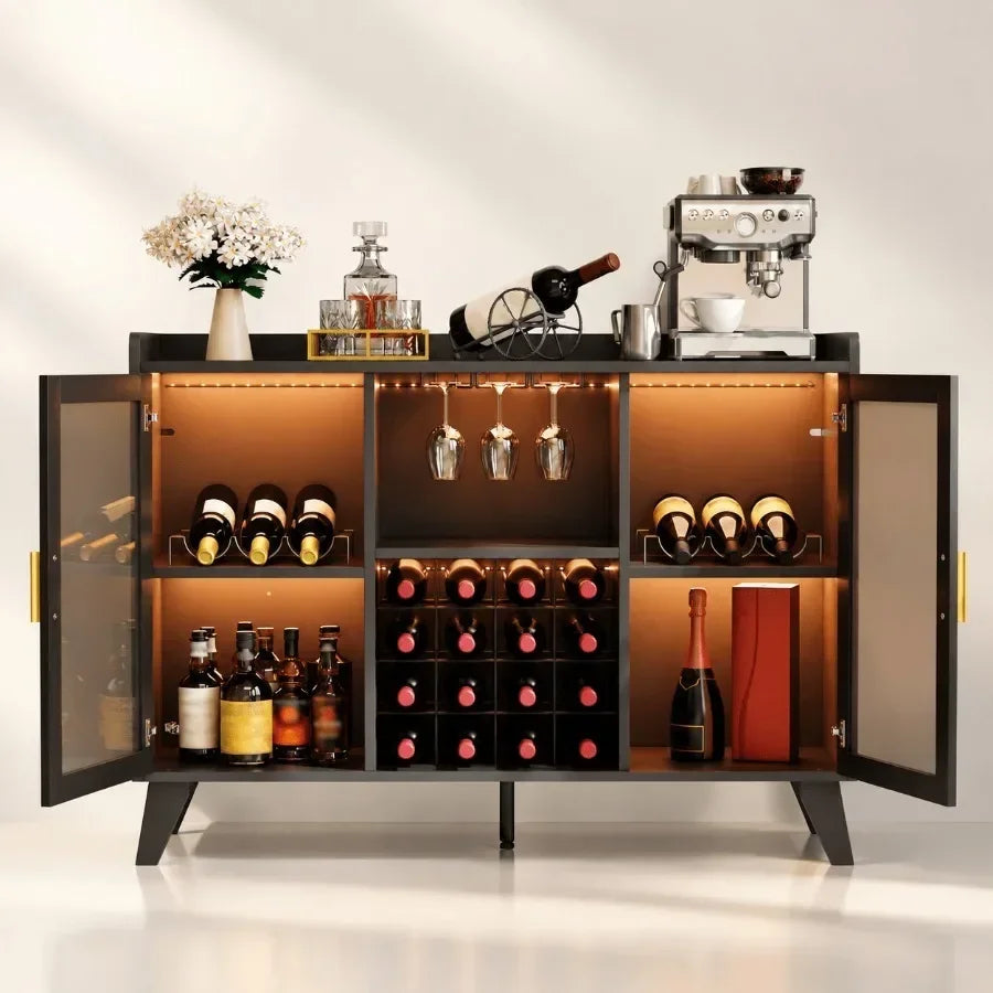 Bar Cabinet with LED Lights for Wine Storage, Black Acrylic Doors, Modern Illuminated Design