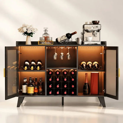 Bar Cabinet with LED Lights for Wine Storage, Black Acrylic Doors, Modern Illuminated Design