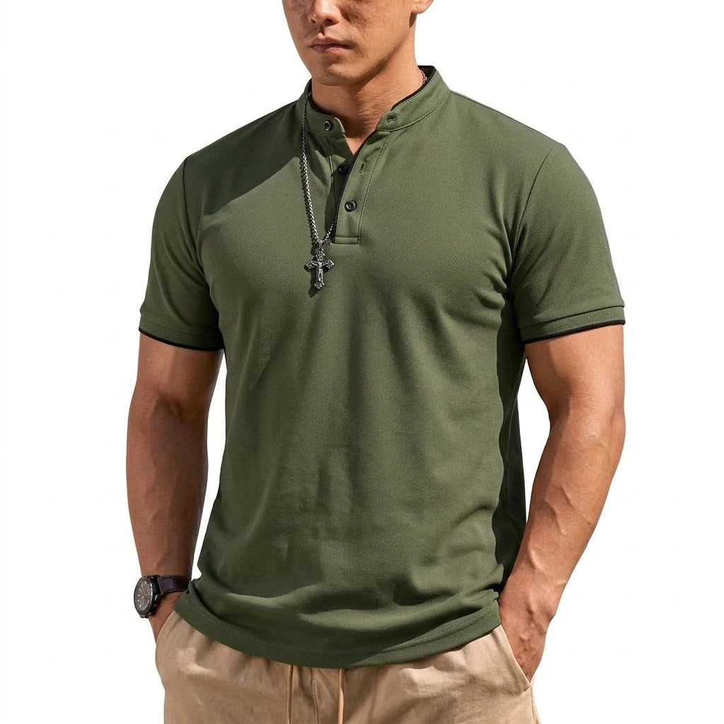 Summer Short Sleeve Henley Shirt Men Button Polo Shirts Classic Collarless T-Shirts for Men Luxury Breathable Hiking T-shirt Gym