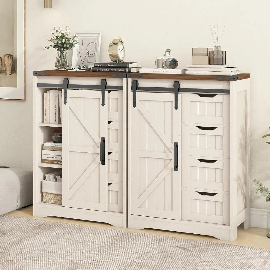 Farmhouse bathroom storage cabinet with 4 drawers and sliding door, white MDF, rustic style for bathroom kitchen living room