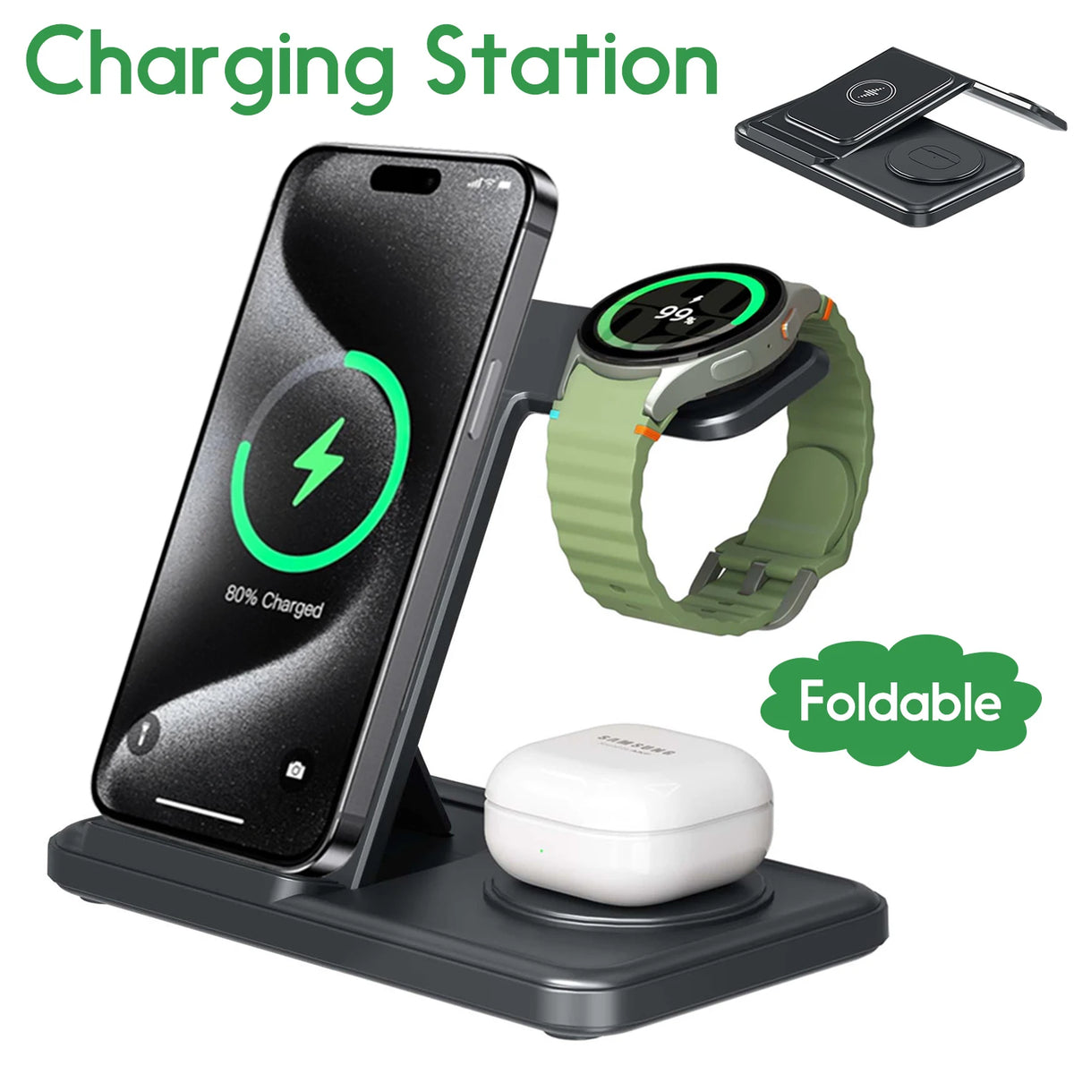 Desktop 3-in-1 Wireless Charger Station For Samsung S25 S24 S23 S22 Galaxy Watch 8 7 6 5 4 3 Buds3 Pro/Buds Pro2 Fast Charging