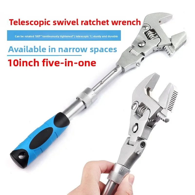 Perfect Multifunctional Five-in-one 10-inch Retractable Movable Wrench, Folding Shaking Head Ratchet