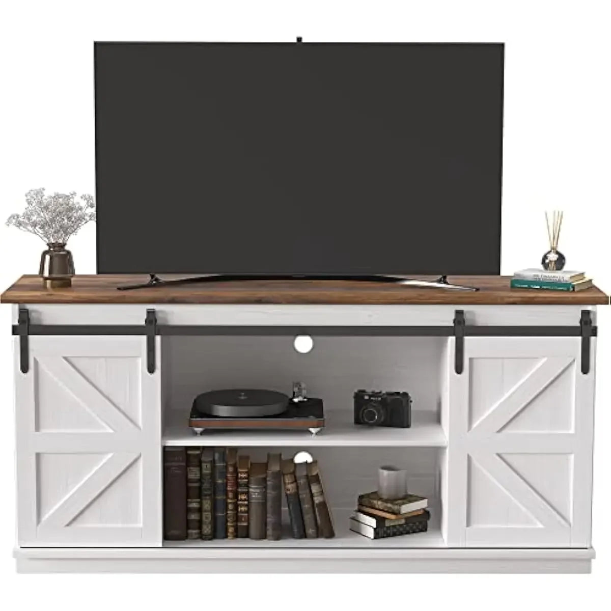 Farmhouse TV Console for 65 Inch Screens with Smooth Sliding Barn Doors Bright White Finish Durable Laminate Construction Two Co