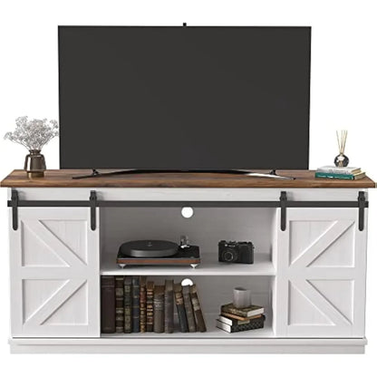 Farmhouse TV Console for 65 Inch Screens with Smooth Sliding Barn Doors Bright White Finish Durable Laminate Construction Two Co