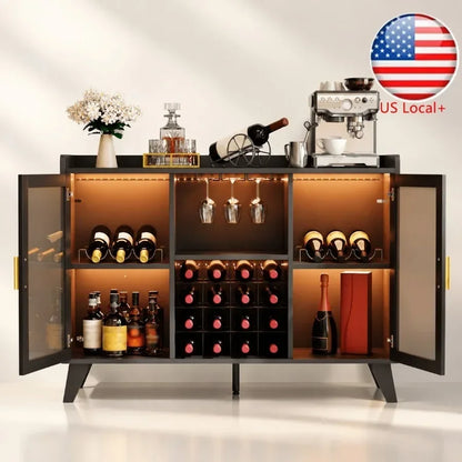 Bar Cabinet with LED Lights for Wine Storage, Black Acrylic Doors, Modern Illuminated Design