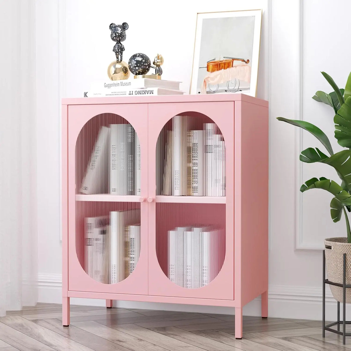 Small 2 Transpanrent Door Metal Storage Side Buffet Cabinet for Room,Entryway,Hallway,Kitchen,1 Removable Shelf. (Pink, Transparent Door)