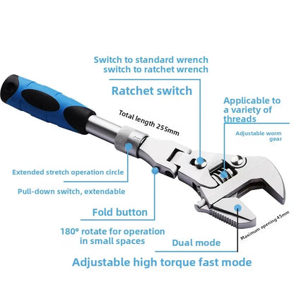 Perfect Multifunctional Five-in-one 10-inch Retractable Movable Wrench, Folding Shaking Head Ratchet