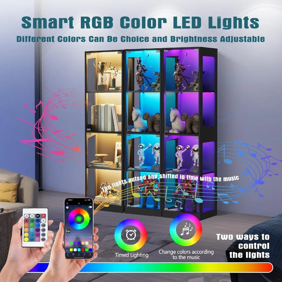 Display Cabinet with Glass Doors, 4-Tier Display Case with RGB Lights, Glass Toy Display Cabinet for Collectible, Curio Cabinet
