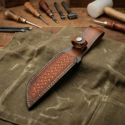 Brown Hand-embossed Leather Fixed Knife Sheath Durable Cowhide Knife Sheath Belt Carry Knife for Knife Collectors Outdoor Tool