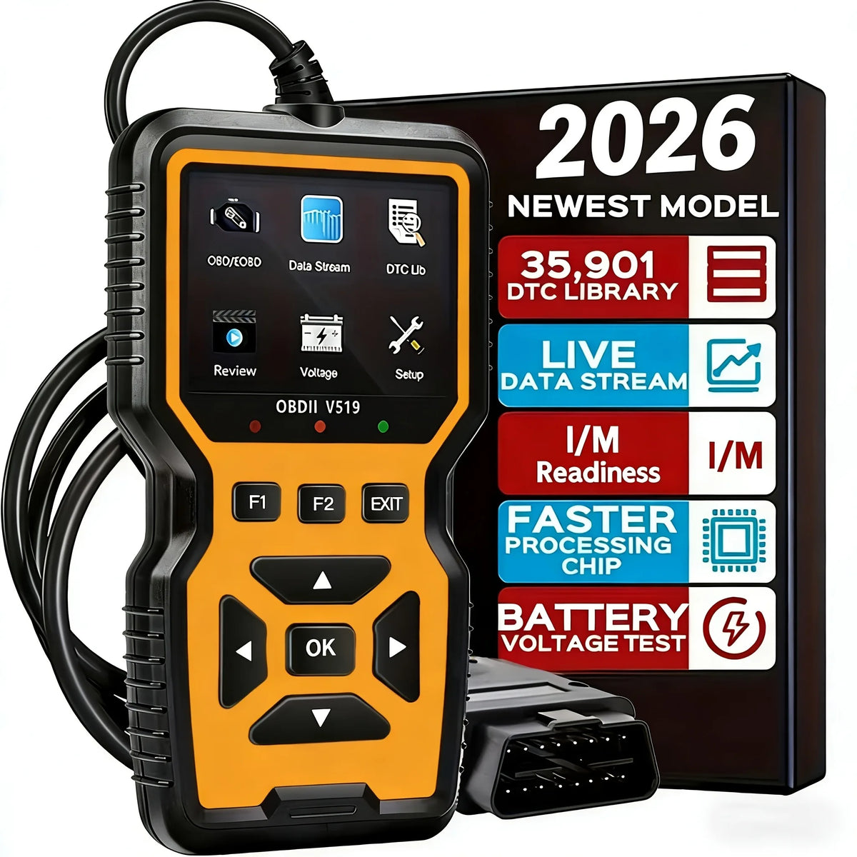 V519 Professional Obd2 Scanner - Usb-Powered Car Diagnostic Tool with Real-Time Data Stream, Full-Featured Obd Ii Testing (I/M Ready, Bod2/Eobd), Clears Engine Fault Lights, Reads/Erases Codes for Most Vehicles, Car Maintenance, Ergonomic Design, Durable