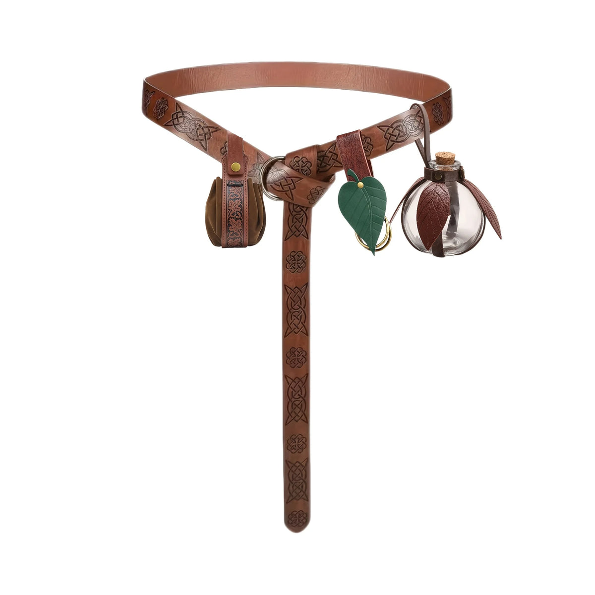 Medieval Waist Mount Accessory Set, Leaf Style Belt Hook, Waist Storage Sack, Glass Bottle Carrier, for LARP, Renaissance Cospla