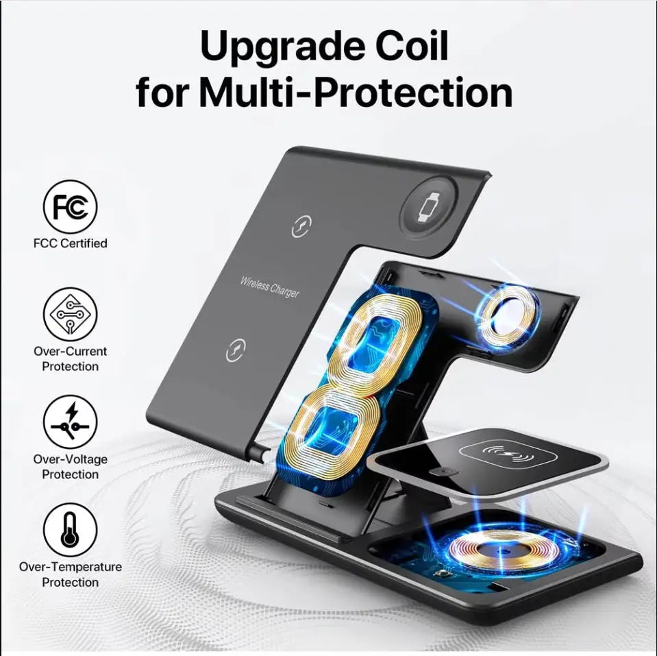 Fast Wireless Charger Charging Station Foldable Stand 3 in 1 for Samsung iPhone 17 16 15 18 14 13 12 Apple Watch 9 8 7 AirPods Xiaomi Huawei Type C Data Cable
