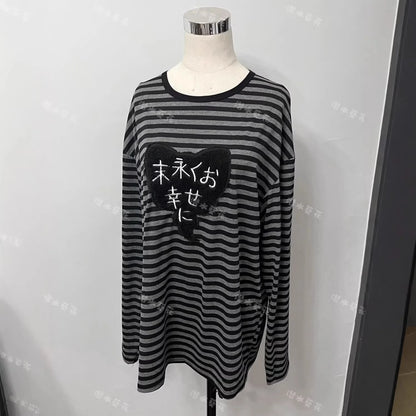 Original Long-Sleeved Shirt, Autumn and Winter Subculture Style, Striped Embroidery, Loose-Fitting, Cute Base Shirt.