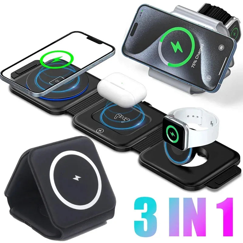 3-in-1 Magnetic Folding Wireless Charger, 15W Fast Charging, USB Type-C, for Phones, Watches, and Earbuds