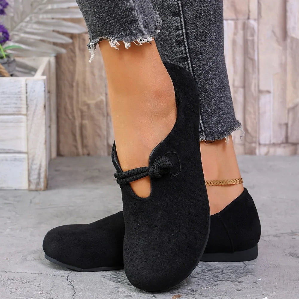 Women Flat Loafers Round Toe Knotted Rope Strap Slip on Shoes Soft Suede Comfort Non Slip Ladies Casual Daily Walking Flat Shoes