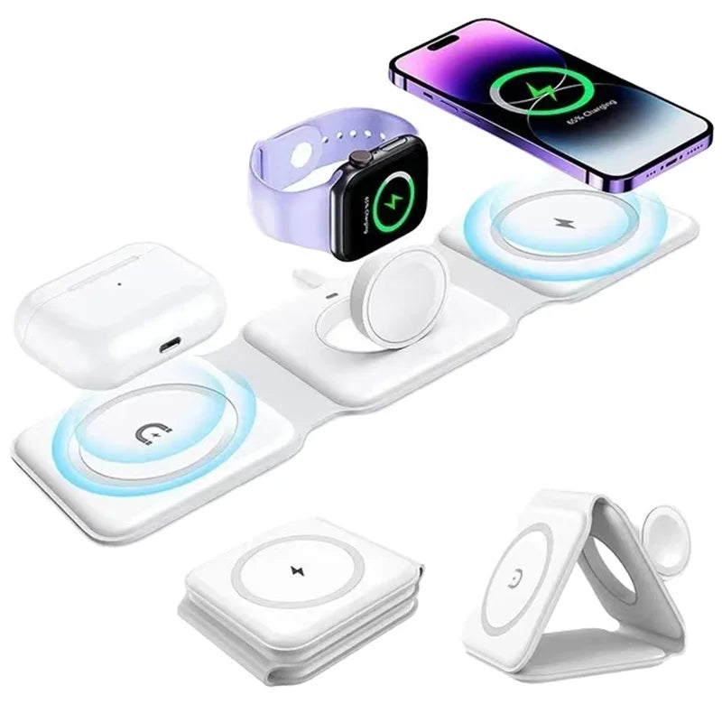 3-in-1 Magnetic Folding Wireless Charger, 15W Fast Charging, USB Type-C, for Phones, Watches, and Earbuds