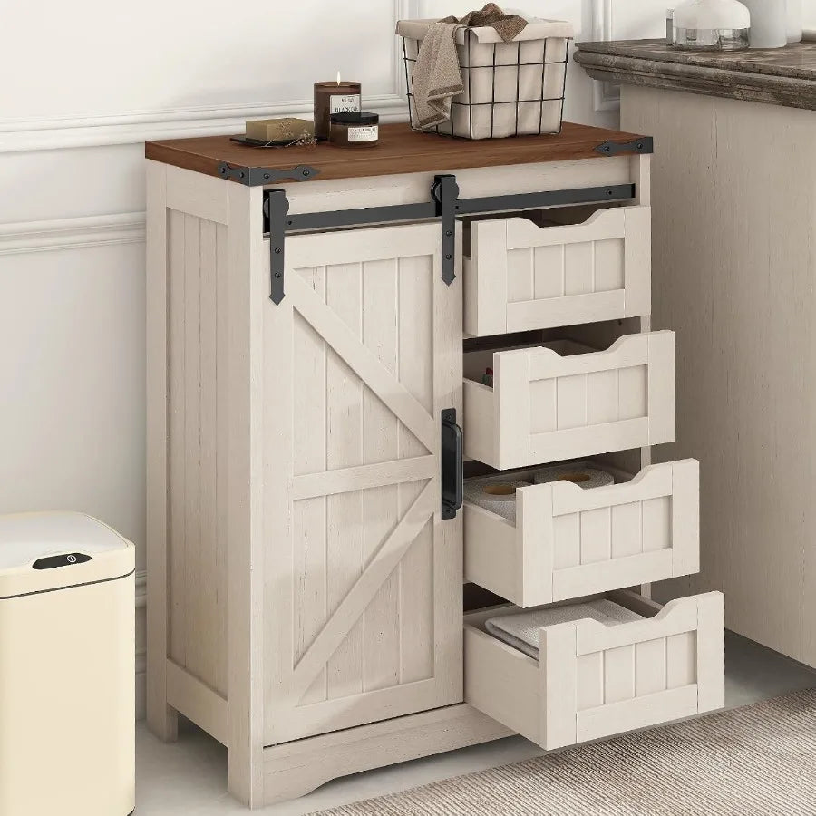 Farmhouse bathroom storage cabinet with 4 drawers and sliding door, white MDF, rustic style for bathroom kitchen living room
