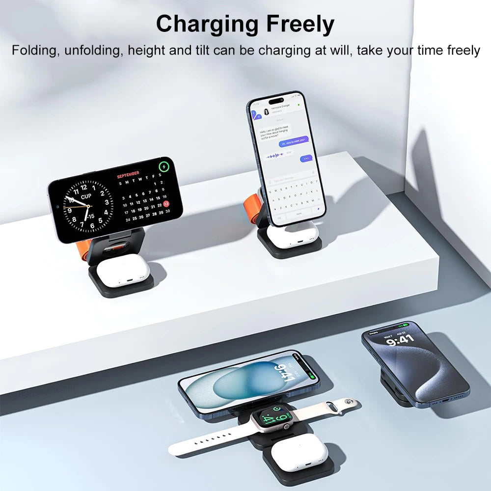 3 in 1 Foldable Magnetic Wireless Charger Stand for iPhone 16 15 14 13 12 Pro Max Apple Watch 9 8 7 Fast Charging Station