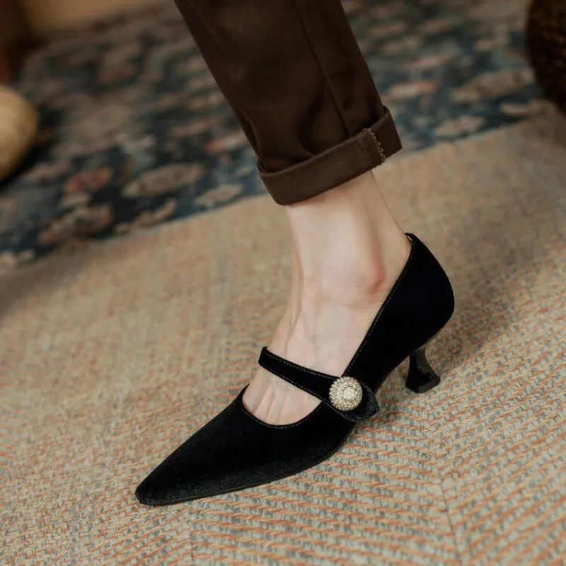 Wine Red Pointed Toe Mary Jane Shoes Women&