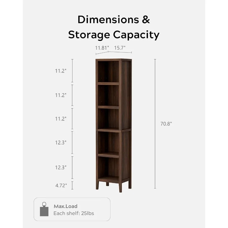 71 Tall Narrow Bookcase, 5-Tier Display Bookshelf for Living Room, Metal Frame with Wood Veneer, Black Finish, Space-Saving Des