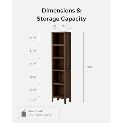 71 Tall Narrow Bookcase, 5-Tier Display Bookshelf for Living Room, Metal Frame with Wood Veneer, Black Finish, Space-Saving Des