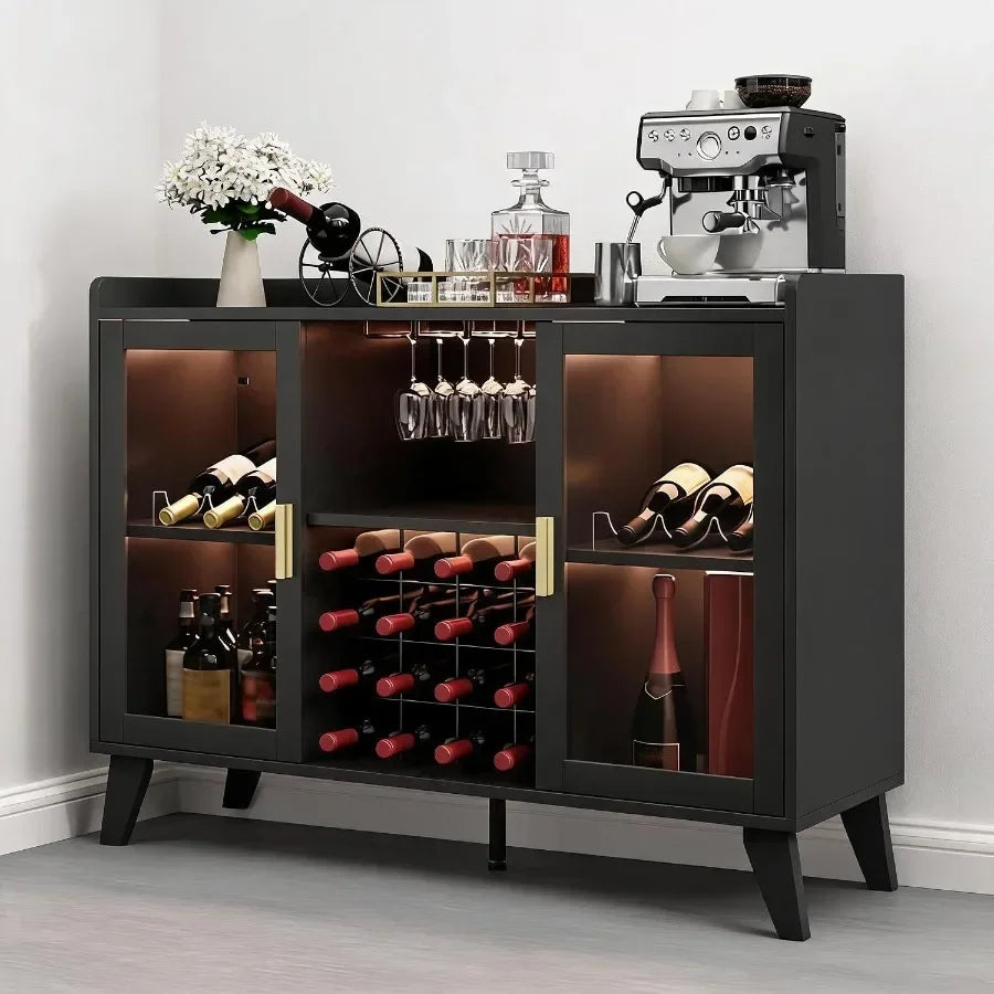 Bar Cabinet with LED Lights for Wine Storage, Black Acrylic Doors, Modern Illuminated Design