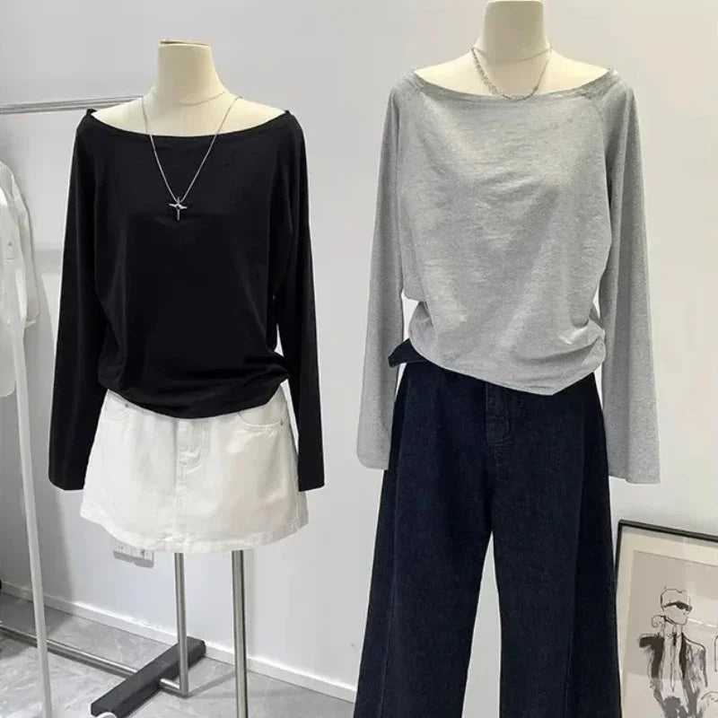 Autumn Winter One Shoulder Cotton Long Sleeve Slant Shoulder Women's Clothing Style Interior Wide Truffle Shoulder Base Shirt