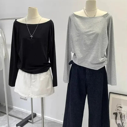 Autumn Winter One Shoulder Cotton Long Sleeve Slant Shoulder Women's Clothing Style Interior Wide Truffle Shoulder Base Shirt
