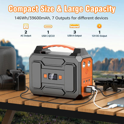 100W/146Wh Portable Power Station Solar Generator AC DC USB USB C Power Bank LED Flashlight For Laptop Phone Tablet Fan Camera Tent Camping Outdoor Trip Emergency Use