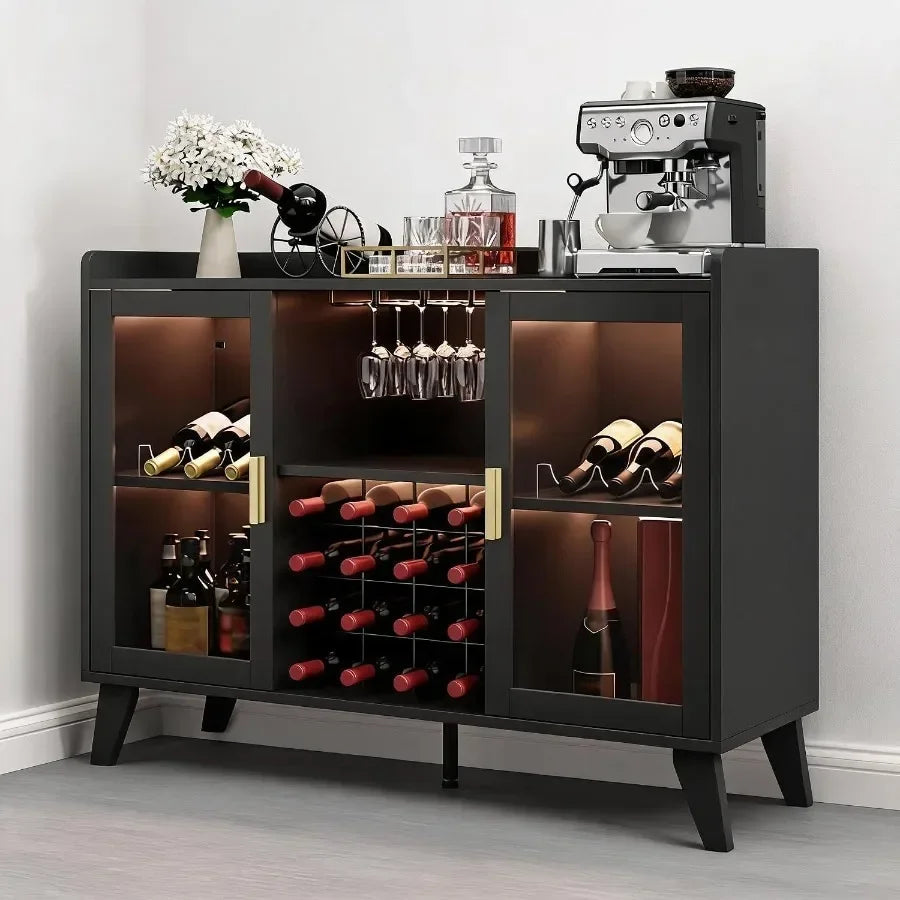 Bar Cabinet with LED Lights for Wine Storage, Black Acrylic Doors, Modern Illuminated Design