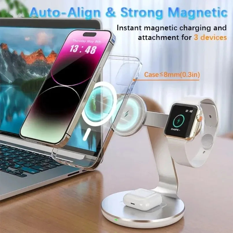 3 in 1 Wireless Charger Stand 360 Rotation 3 Charging Ports For iPhone  Apple Watch AirPods Fast Charging Dock Home Office Use