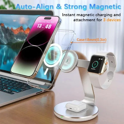 3 in 1 Wireless Charger Stand 360 Rotation 3 Charging Ports For iPhone  Apple Watch AirPods Fast Charging Dock Home Office Use