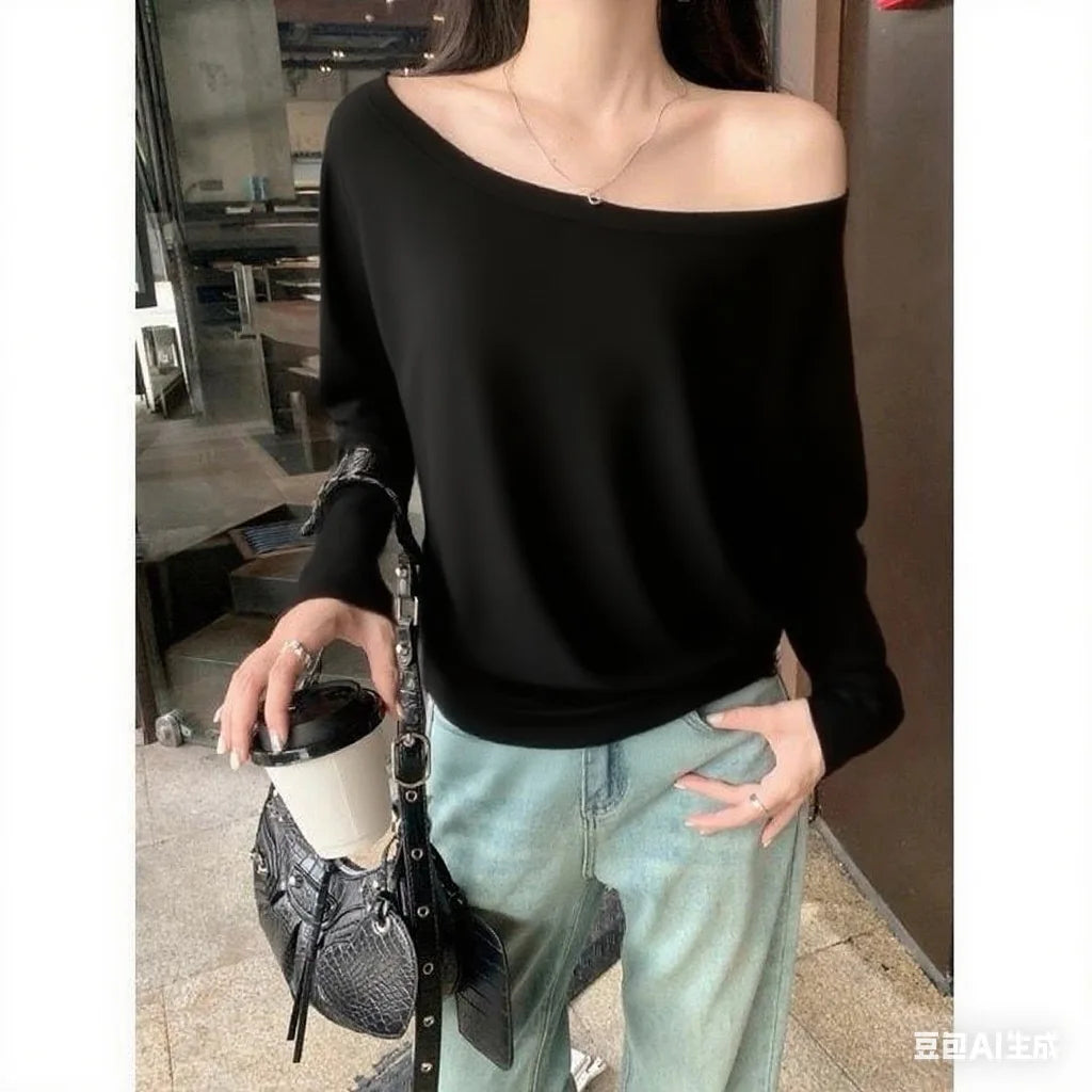 Autumn Winter One Shoulder Cotton Long Sleeve Slant Shoulder Women's Clothing Style Interior Wide Truffle Shoulder Base Shirt