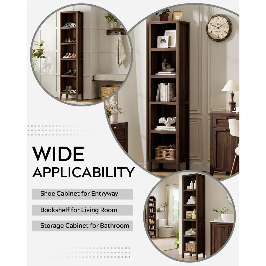 71 Tall Narrow Bookcase, 5-Tier Display Bookshelf for Living Room, Metal Frame with Wood Veneer, Black Finish, Space-Saving Des