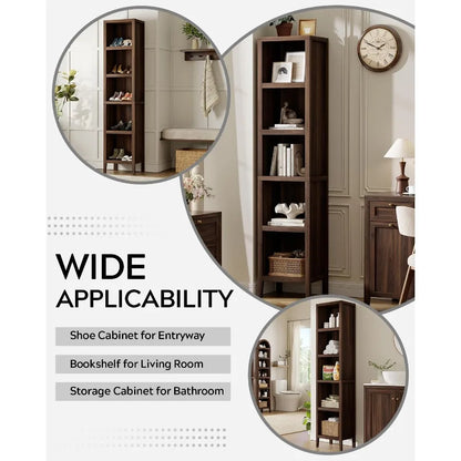 71 Tall Narrow Bookcase, 5-Tier Display Bookshelf for Living Room, Metal Frame with Wood Veneer, Black Finish, Space-Saving Des