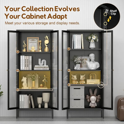 Glass Display Cabinet 4-Tier for Living Room, Tempered Glass Doors, Black Finish, Adjustable Shelves and LED Lighting