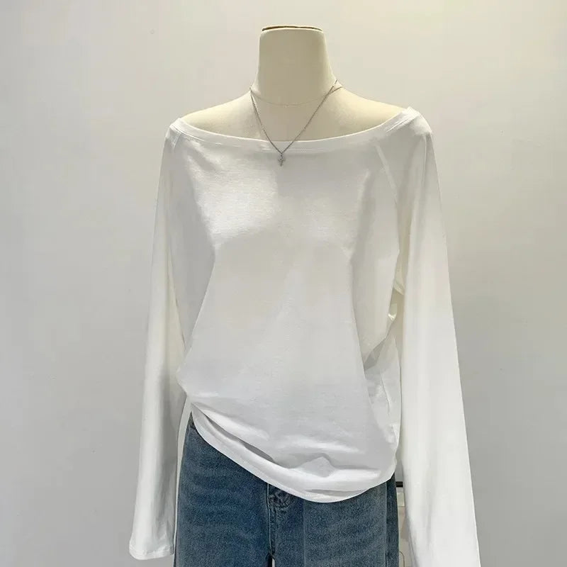 Autumn Winter One Shoulder Cotton Long Sleeve Slant Shoulder Women&