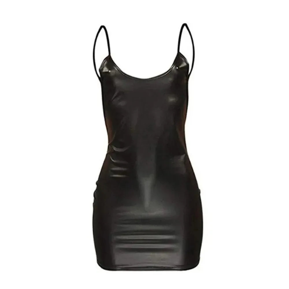 Sexy lingerie, women's short synthetic leather dress, open back, sexy latex miniskirt, girl's mini micro dress.