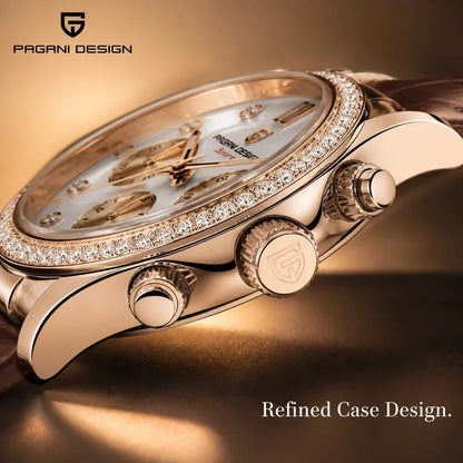 PAGANI DESIGN Women Chronograph Quartz Watch Rose Gold Luxury Sapphire Stainless Steel Elegant Sports Ladies Wristwatch