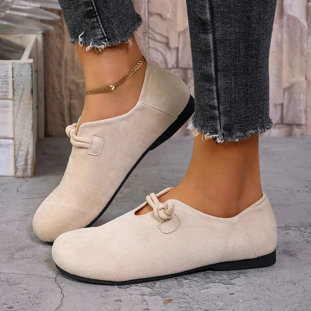 Women Flat Loafers Round Toe Knotted Rope Strap Slip on Shoes Soft Suede Comfort Non Slip Ladies Casual Daily Walking Flat Shoes