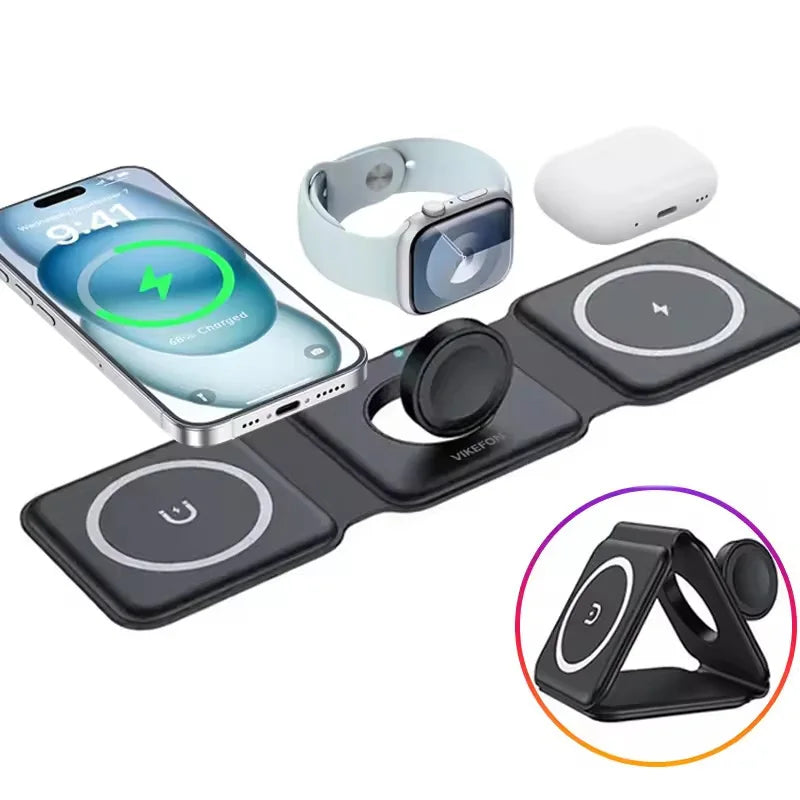 3-in-1 Magnetic Folding Wireless Charger, 15W Fast Charging, USB Type-C, for Phones, Watches, and Earbuds