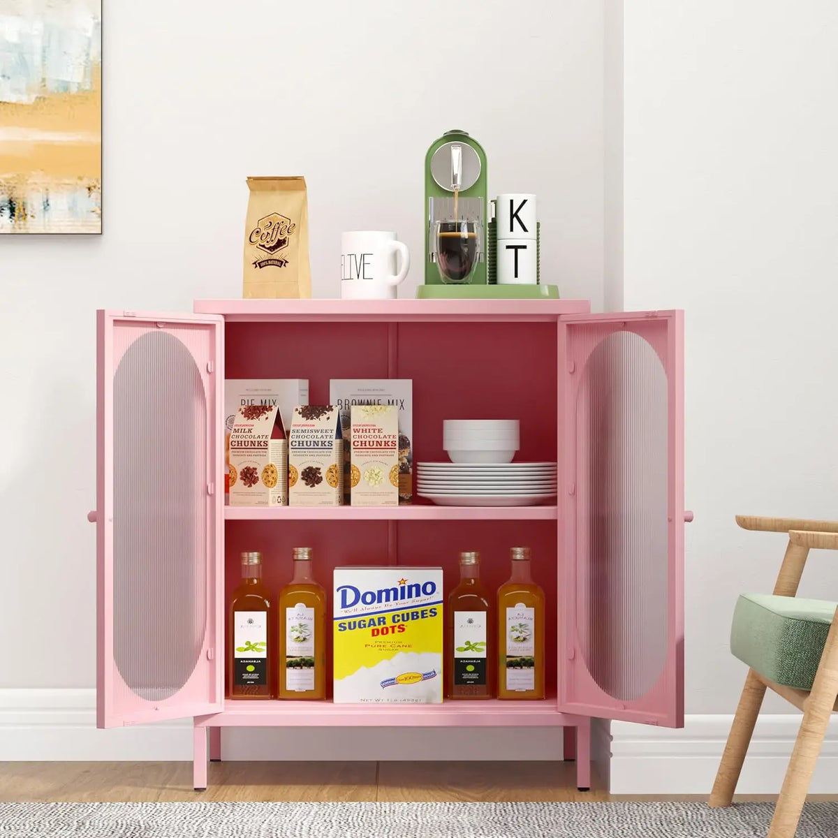 Small 2 Transpanrent Door Metal Storage Side Buffet Cabinet for Room,Entryway,Hallway,Kitchen,1 Removable Shelf. (Pink, Transparent Door)