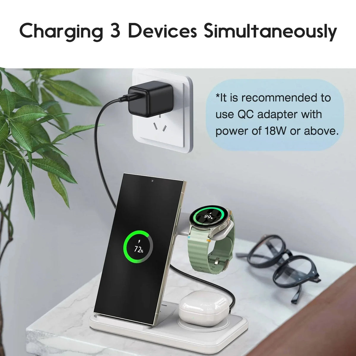 Desktop 3-in-1 Wireless Charger Station For Samsung S25 S24 S23 S22 Galaxy Watch 8 7 6 5 4 3 Buds3 Pro/Buds Pro2 Fast Charging