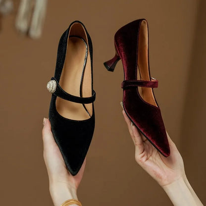 Wine Red Pointed Toe Mary Jane Shoes Women&